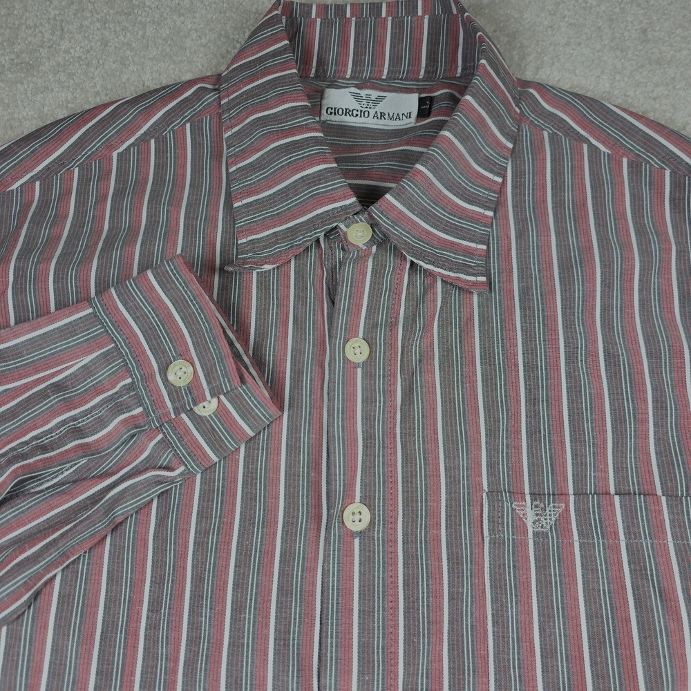 Giorgio Armani Shirt Mens L Gray White Striped Long Sleeve Button-Up Casual